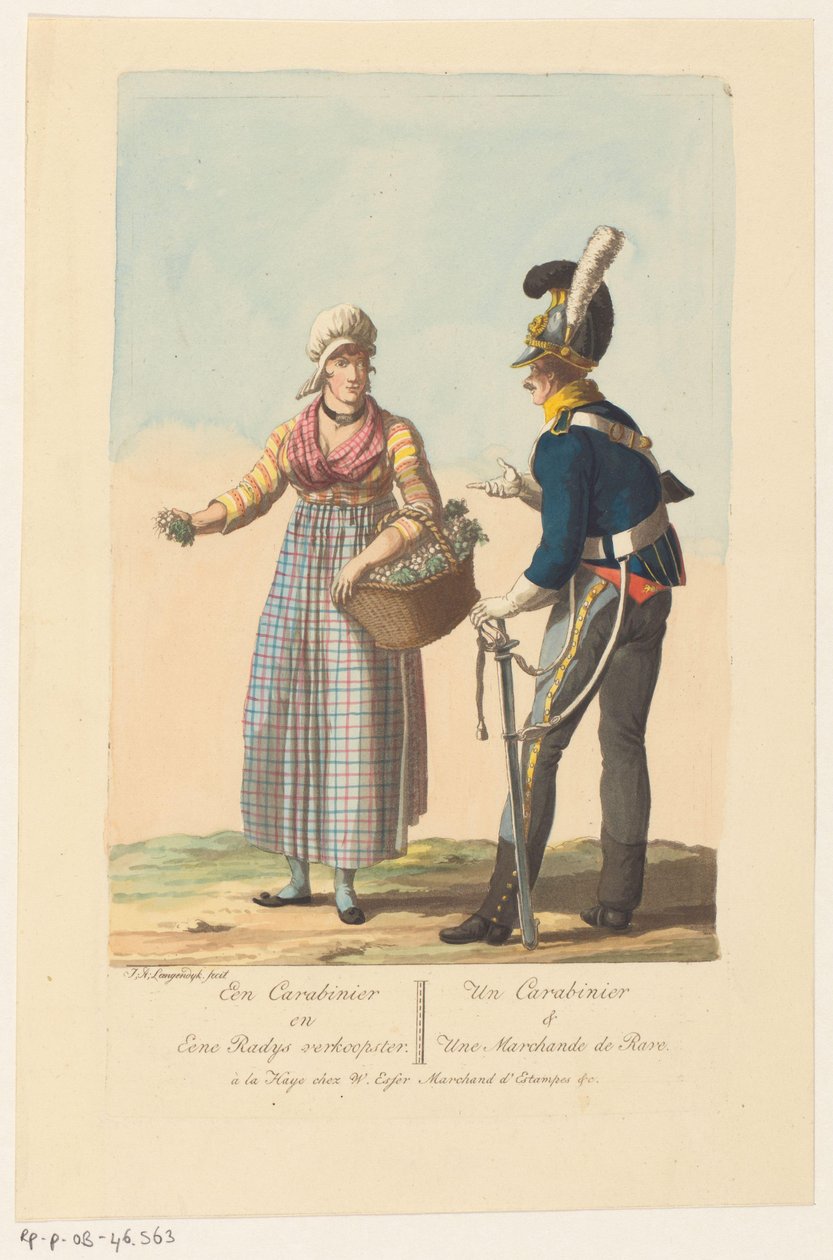 Kavalerisoldat og en radise-sælger A Carabinier and a Radys Saleswoman / Un Carabinier & Une Marchande de Rave (titel på objekt) af Jan Anthonie Langendijk Dzn