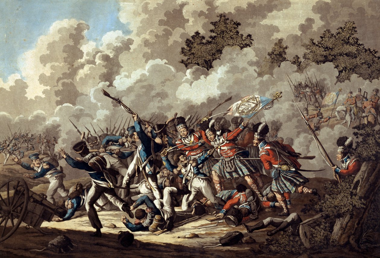 Nederlag af den franske garde af højlænderne, La Haye Sainte, under slaget ved Waterloo, 1815 (farvet akvatint) af Jan Anthonie Langendyk