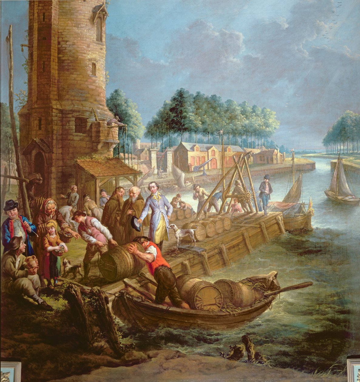 Kanalscene med vinhandler, der losser tønder af Jan Anton Garemyn