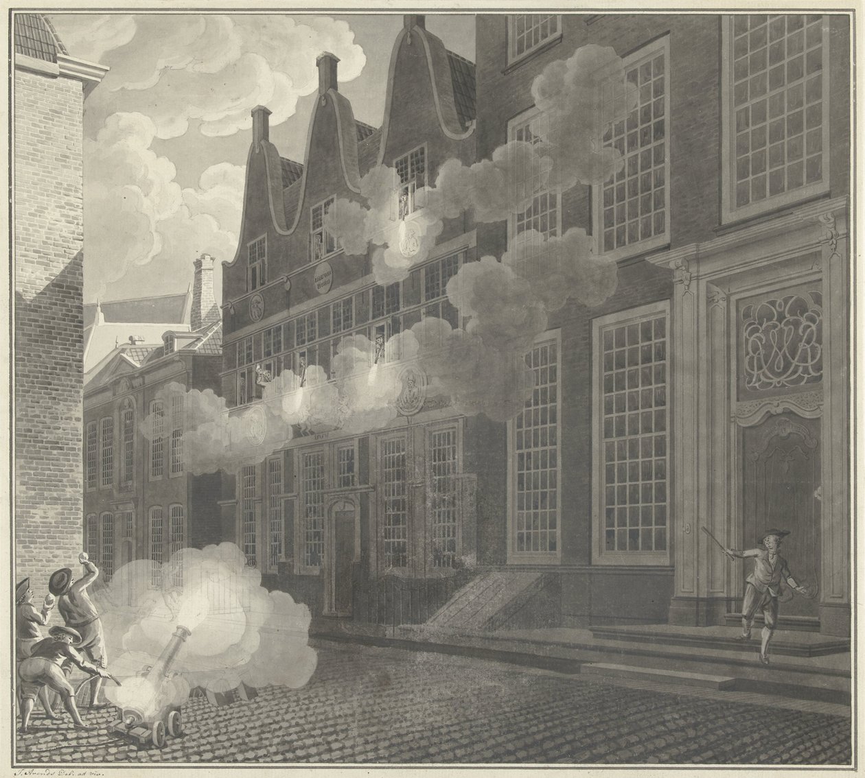 Beskydning af Lucas van Stevenincks hus, 1787 af Jan Arends (signed by artist)