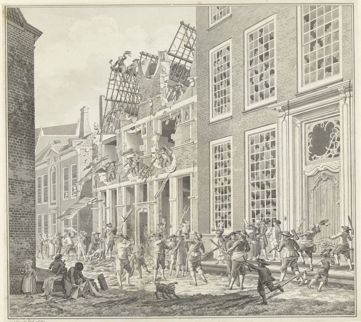 Plyndring af Lucas van Stevenincks hus, 1787 af Jan Arends (signed by artist)