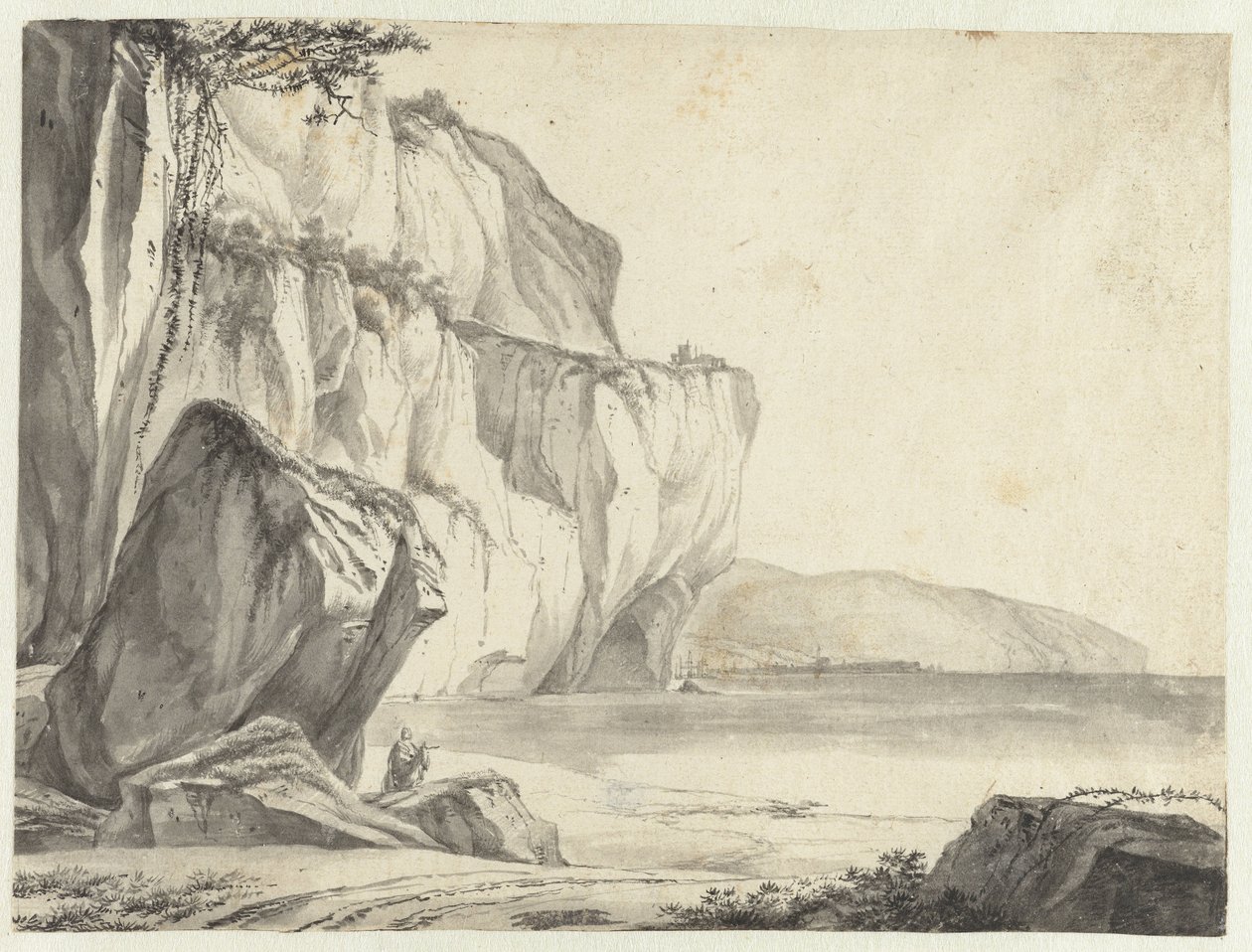 Kystudsigt med klipper, der rejser sig op af vandet af Jan Asselijn (attributed to)