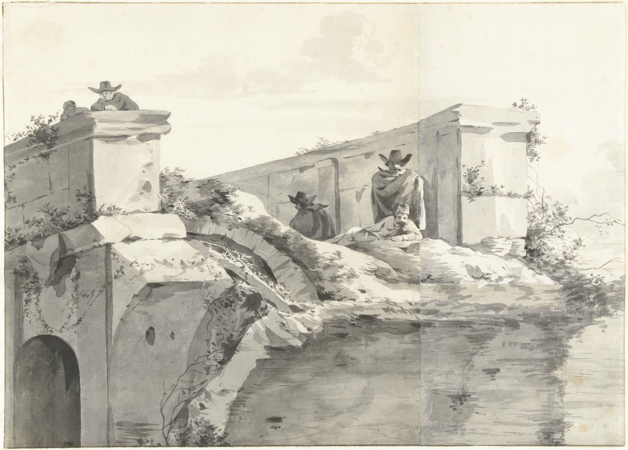 Udsigt over kanten af Ponte Rotto i Rom af Jan Asselijn (copy after)