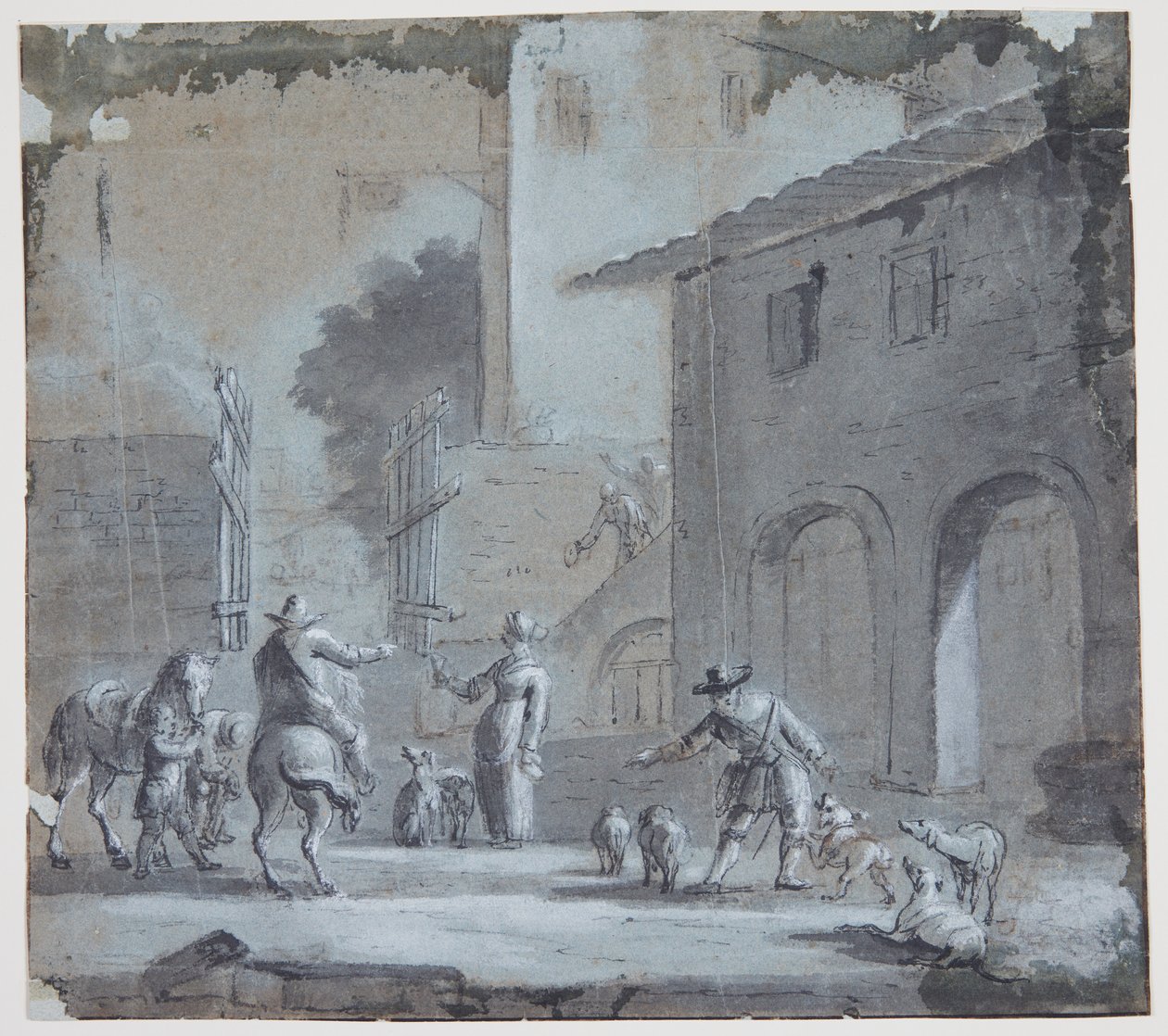 Byscene med en åben port, figurer og dyr af Jan Asselijn