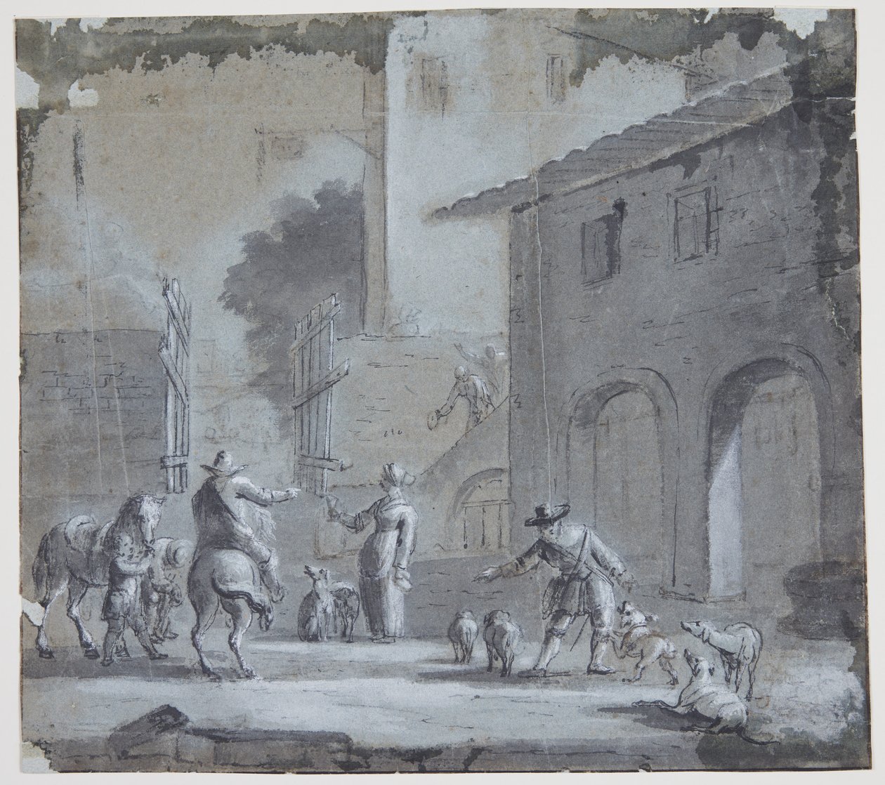 Byscene med en åben port, figurer og dyr af Jan Asselijn