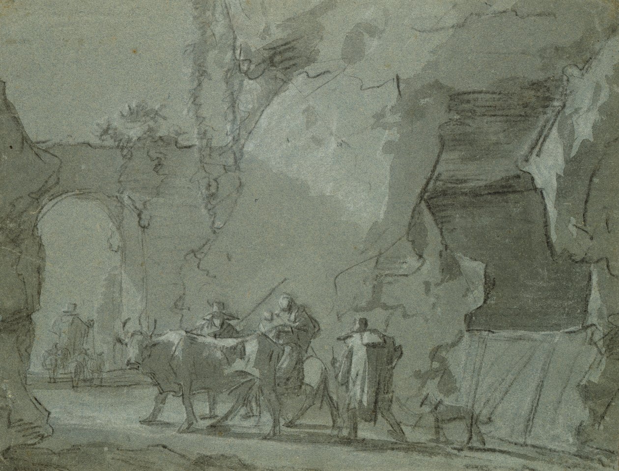 Hyrder foran en buegang, ca. 1650-52 (indisk blæk og kridt på papir) af Jan Asselijn