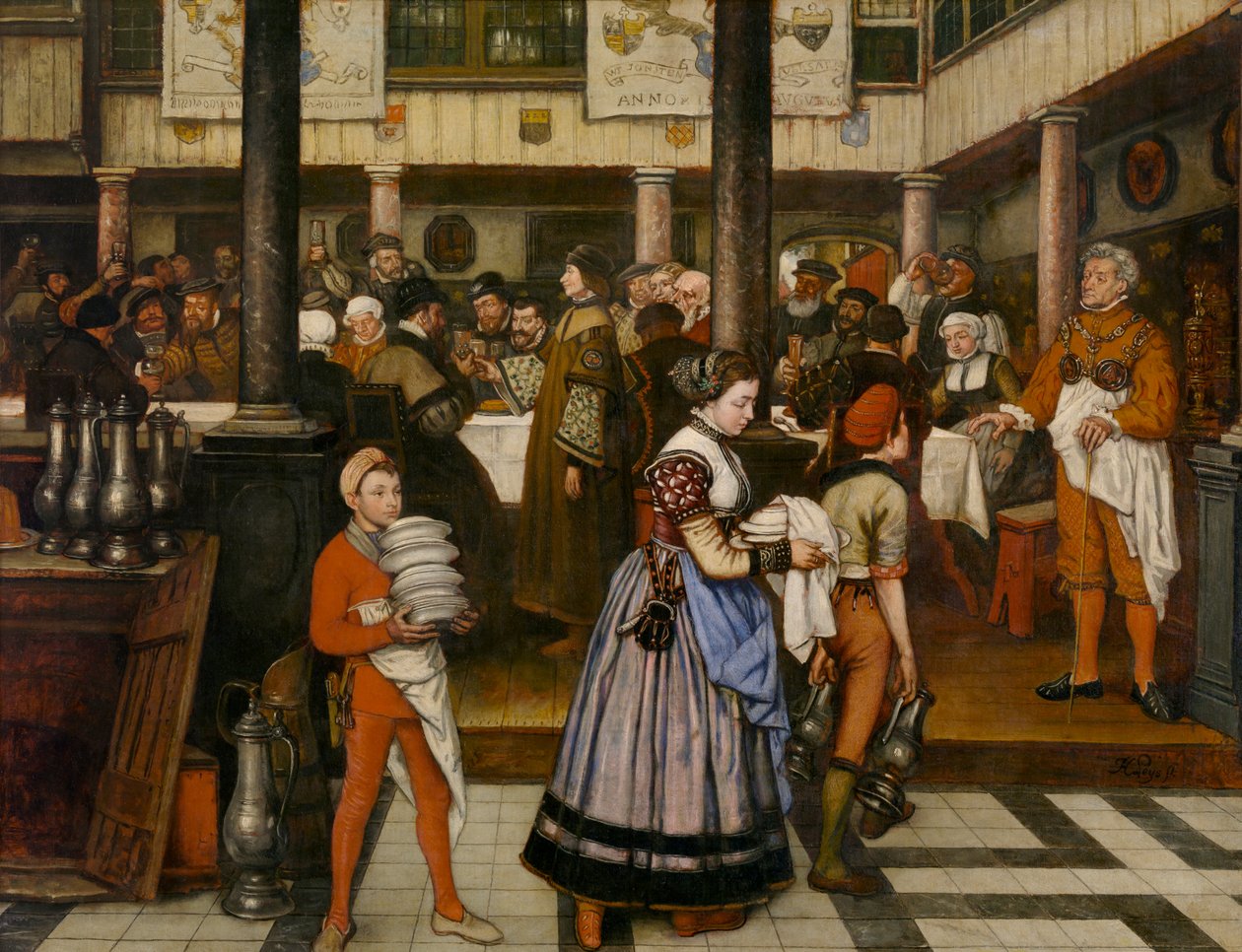 Frans Floris deltager i en banket i Saint Luke-lauget (olie på lærred) af Jan August Hendrik Baron Leys
