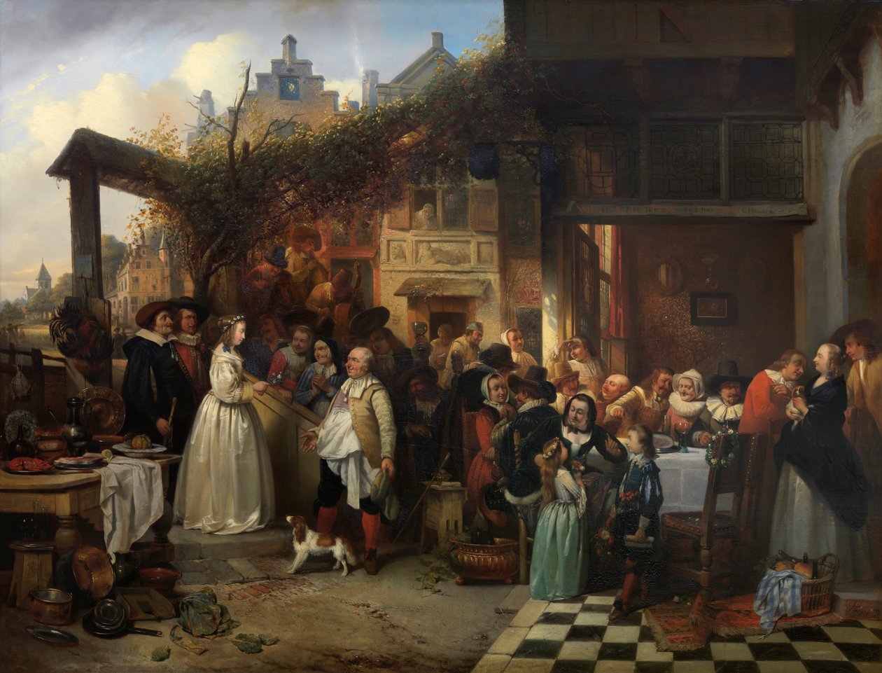 Bryllup i Flandern i det syttende århundrede (olie på panel) af Jan August Hendrik Baron Leys