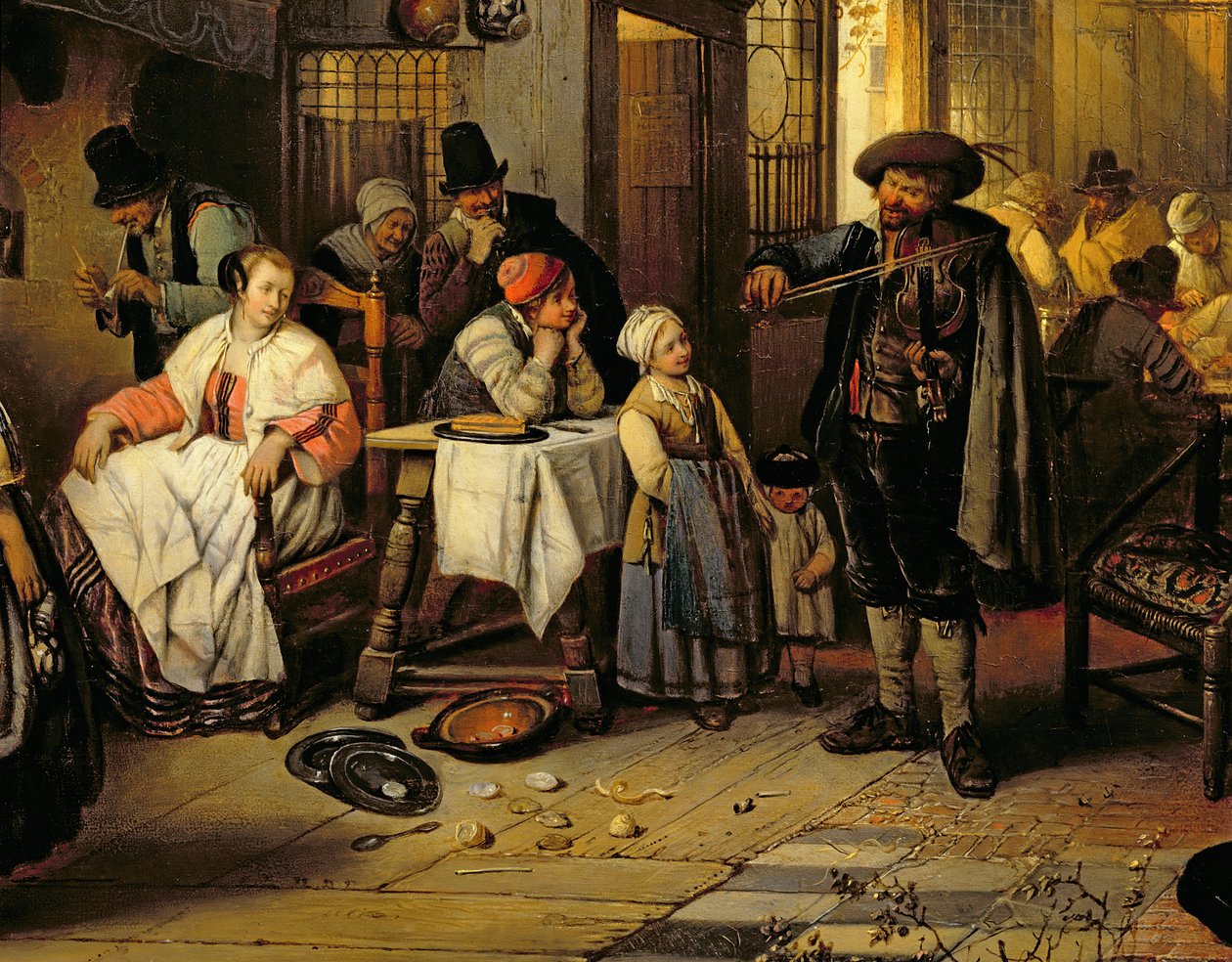 Interiør af et værtshus med en blind spillemand, 1844 (panel) (detalje af 76798) af Jan August Hendrik Leys