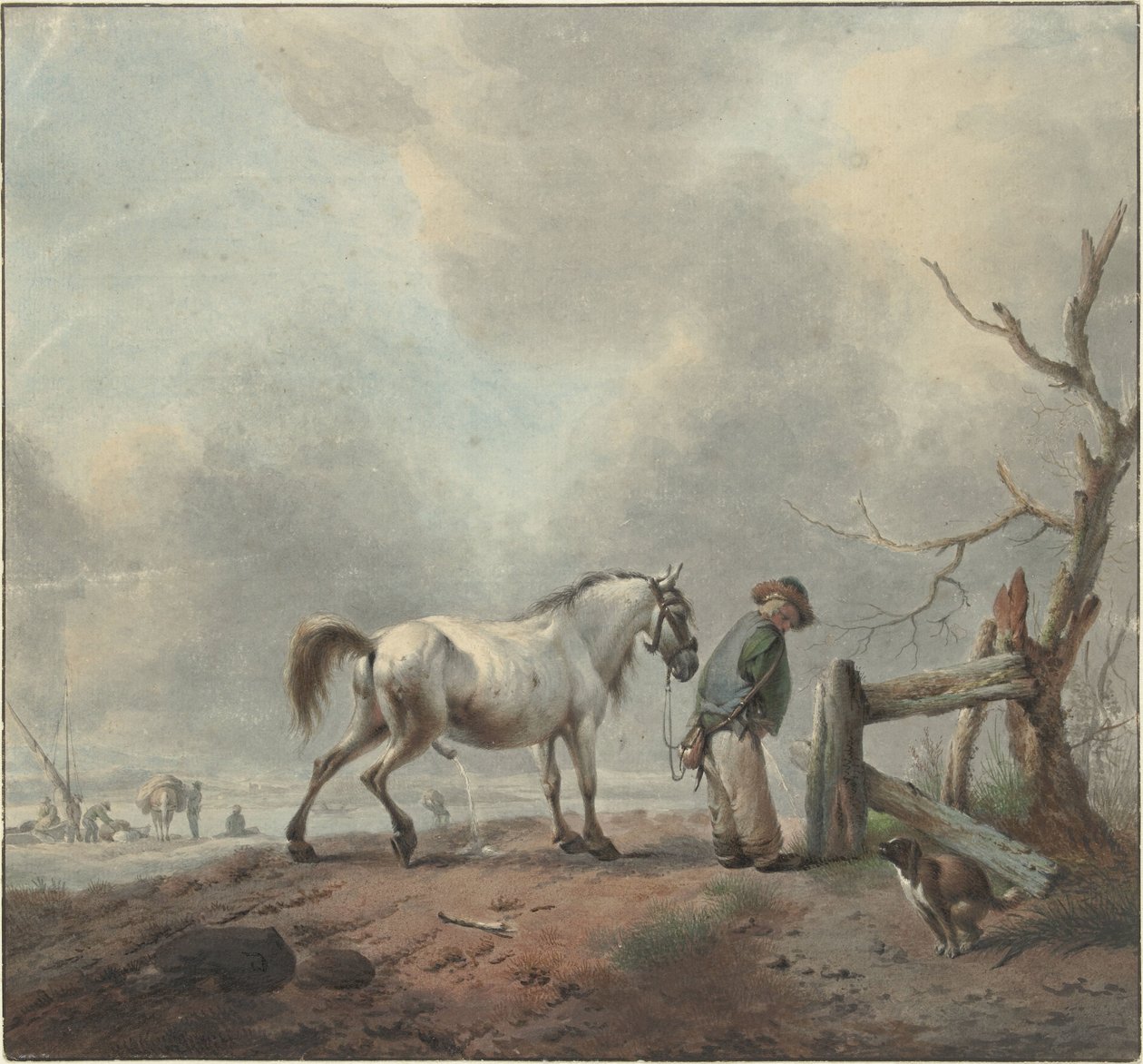 Landskab med en vanding mand, hest og hund af Jan Augustini