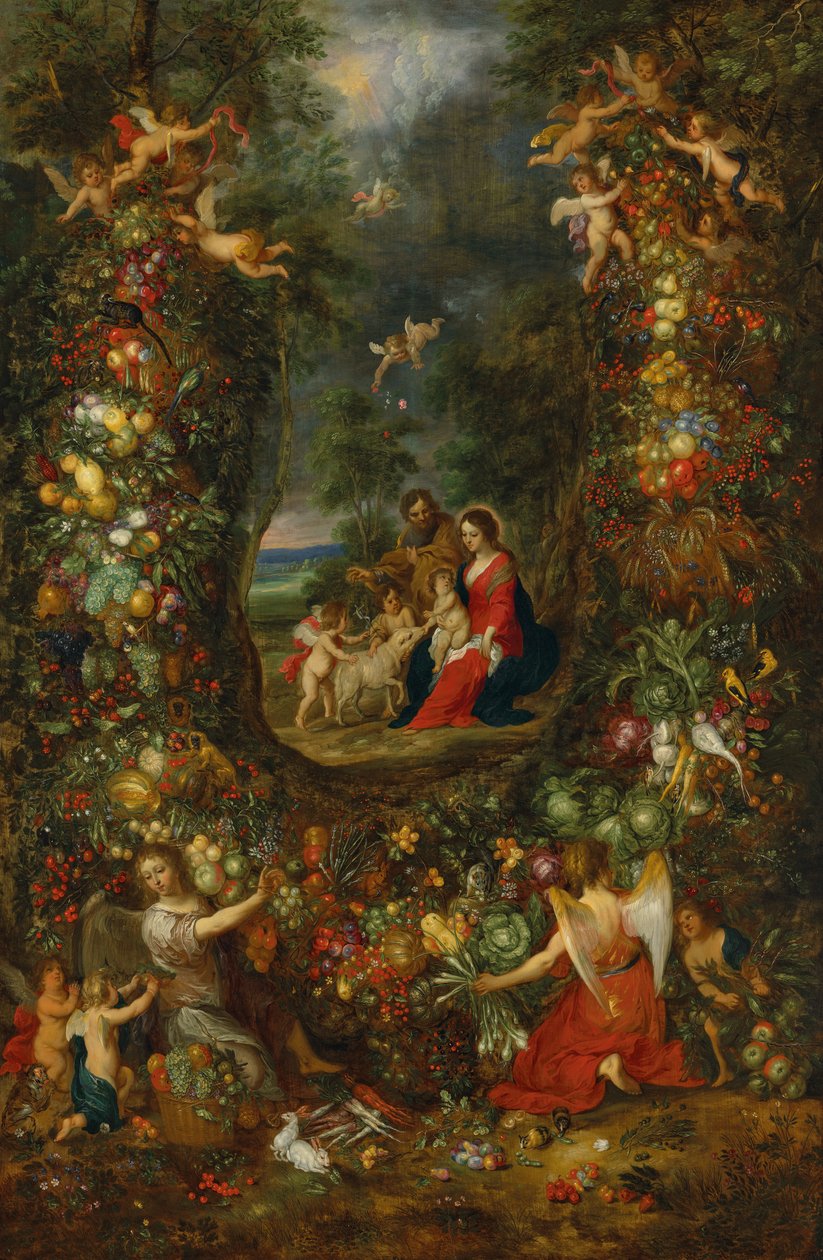 Den hellige familie omgivet af en frugtkrans støttet af putti (olie på panel) af Jan & Balen Hendrik van (1575-1632) Brueghel