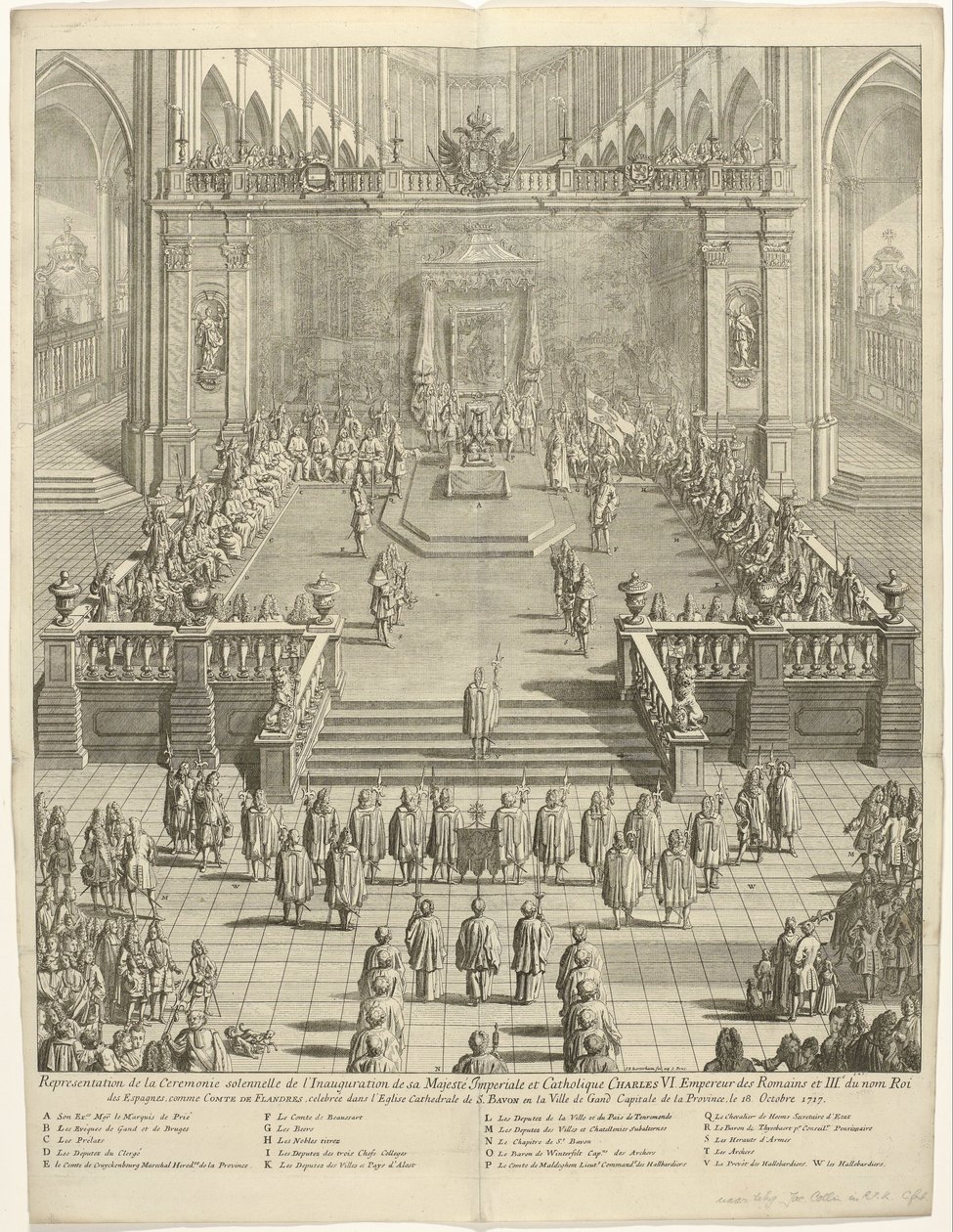Inhuldiging van keizer Karel VI as graaf van Vlaanderen te Gent, 1717 Repræsentation af den højtidelige ceremoni for indsættelsen af ​​hans kejserlige og katolske majestæt Charles VI. Romernes kejser og 3. konge af Spanien, som greve af Fland af Jan Baptist Berterham