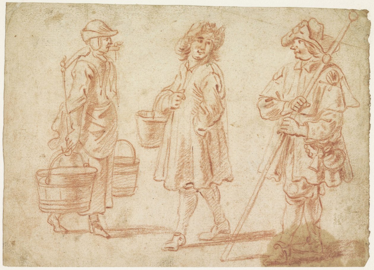 Tre skitser af en kvinde med åg, mand med spand og en pilgrim af Jan Baptist Lambrechts