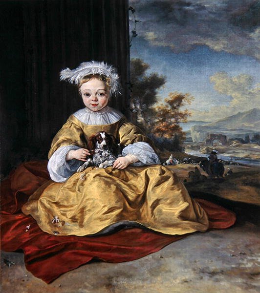 Et barn i en gul kjole holder en hund (olie på lærred) af Jan Baptist Weenix