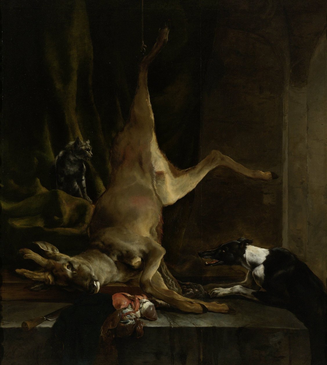 En hund og en kat i nærheden af en hjort, der er delvist løsnet af Jan Baptist Weenix