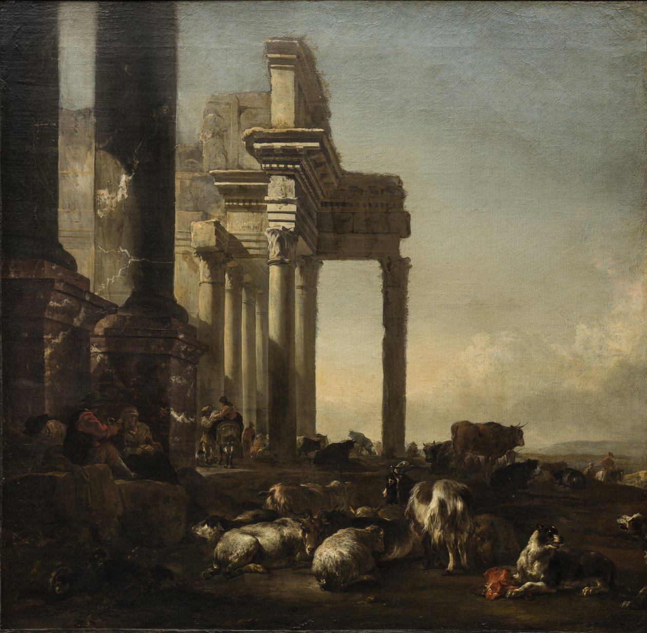 Et italiensk landskab med bønder, kvæg og får ved klassiske ruiner, ca.1650