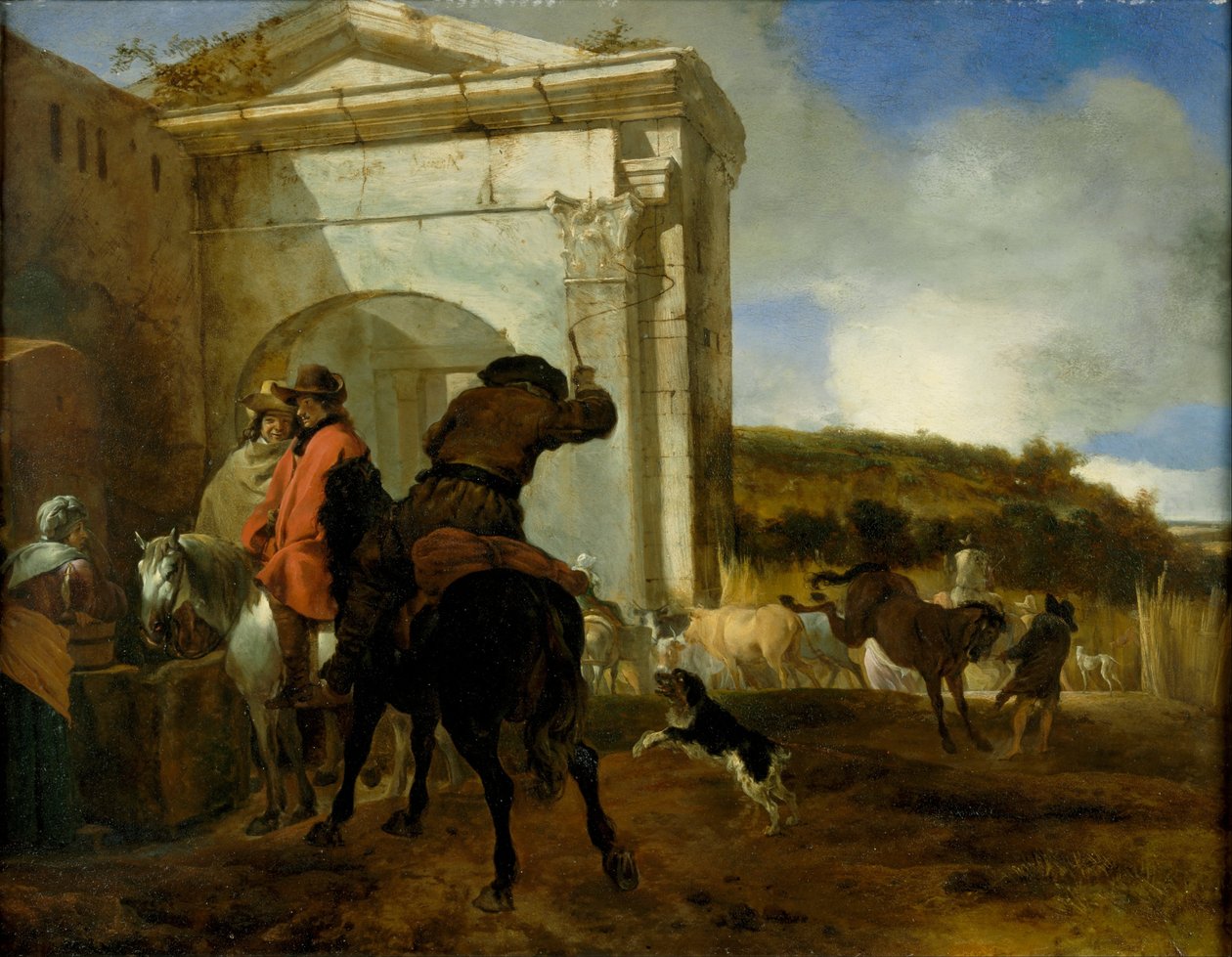 Italiensk landskab med ryttere ved en kilde af Jan Baptist Weenix