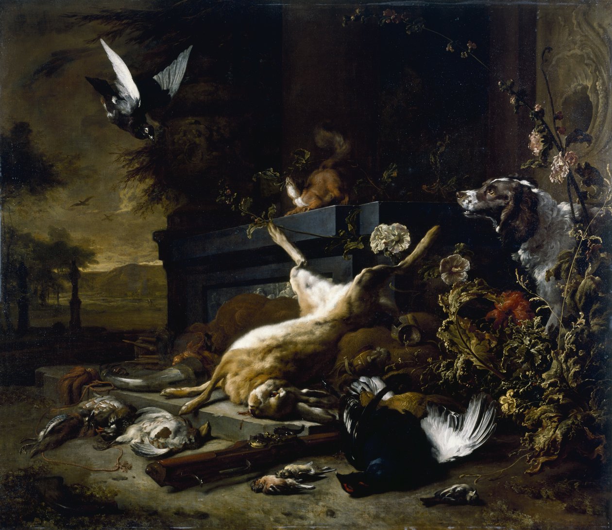 Stilleben af vildt inklusive en hare, orrhøne og agerhøne, en spaniel ser på med en due på flugt, ca. 1680 af Jan Baptist Weenix
