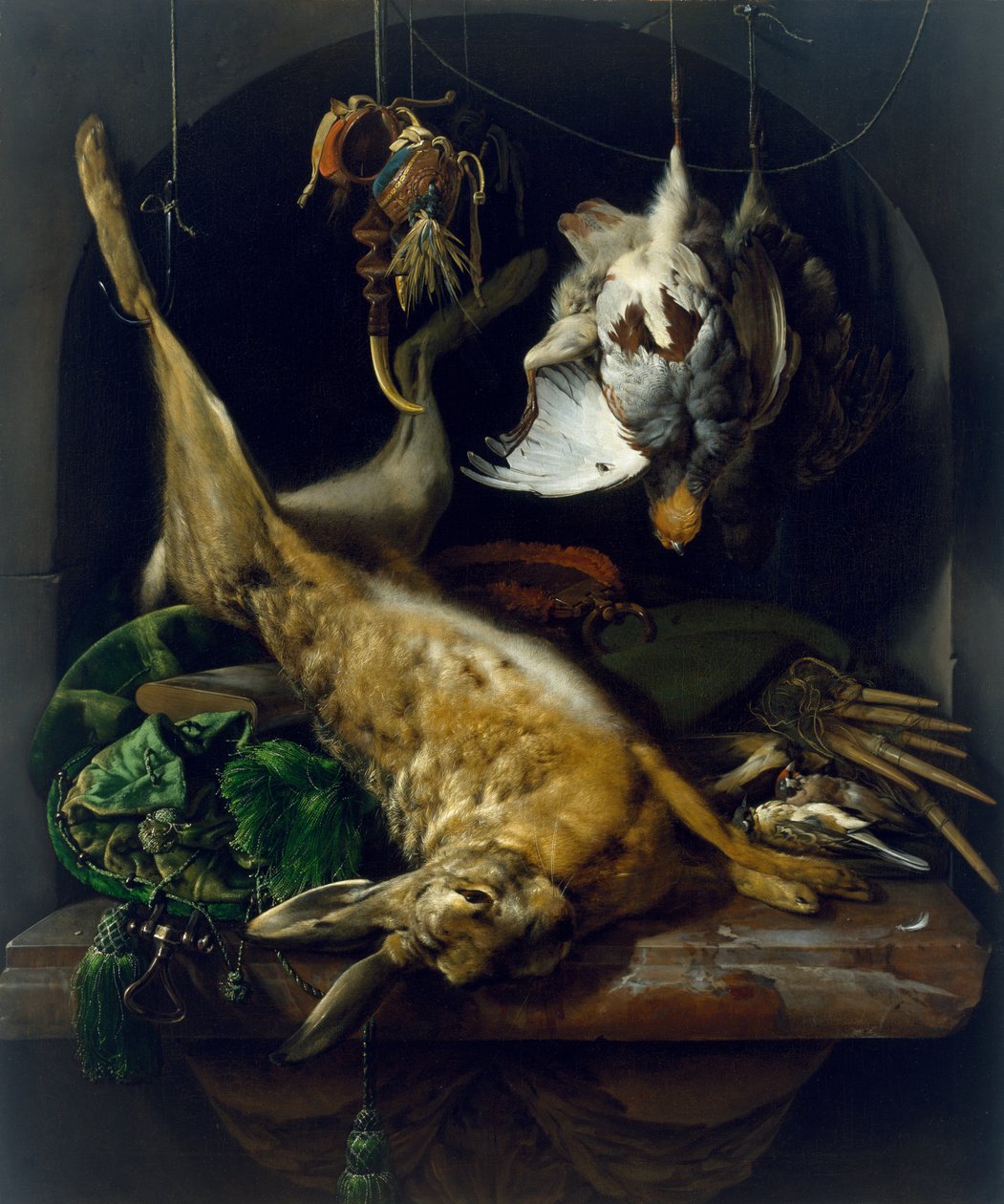 Stilleben med en død hare, agerhøns og andre fugle i en niche, ca. 1675 af Jan Baptist Weenix