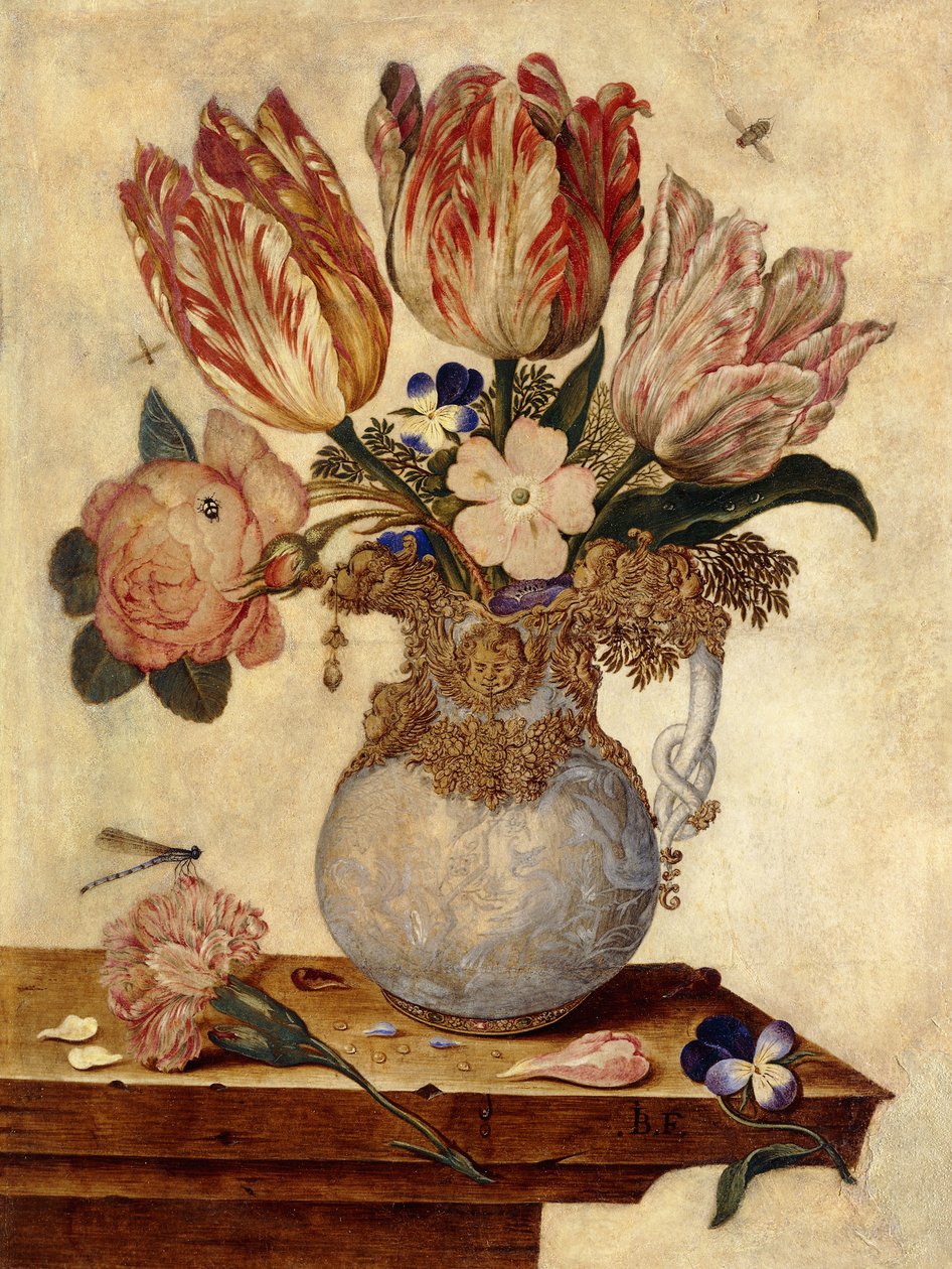 Tulipaner, Forglemmigej, Pæoner og andre Blomster i en Vase på en Afsats, af Jan Baptist van Fornenburgh
