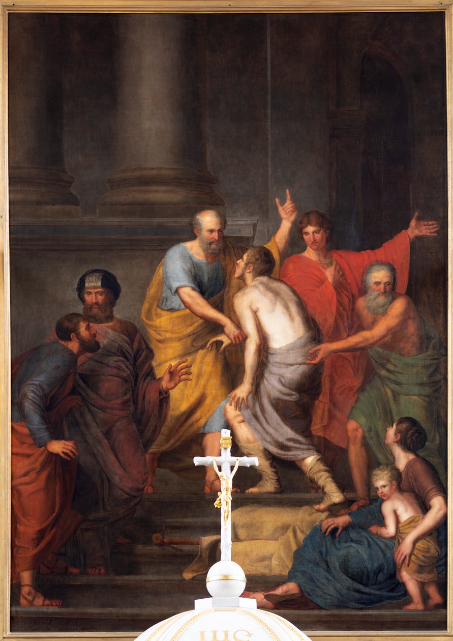 Set indefra højalteret, maleriet "Petrus og Johannes hjælper en lam ved templet", Jan De Landtsheer af Jan Baptiste de Landtsheer
