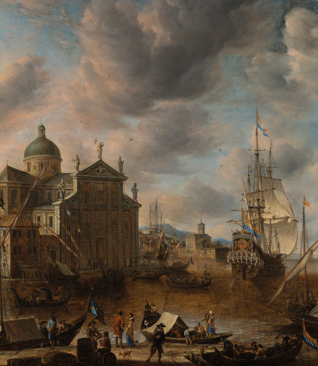 En middelhavs "capriccio"-havn med tal, der taler sammen på en kaj og en hollandsk tre-mester fortøjning bagved, 1665 af Jan Beerstraten