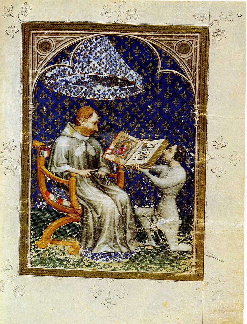 Jean de Vaudetar overrækker sin gave af en bog til Charles V af Frankrig. Fra Jean de Vaudetars bibelhistorie, 1372 af Jan Bondol