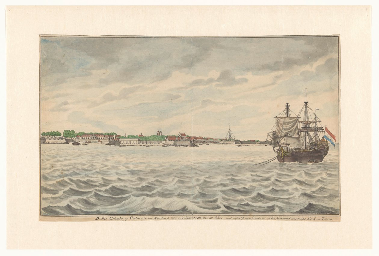 Byen Colombo i Ceylon set fra nord i år 1785 fra vejene med dens nedrevne kirke og tårn, som var ved at blive genopbygget. (titel på objekt) af Jan Brandes (signed by artist)