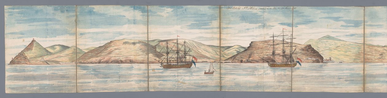 Udsigt over Saint Helena The Island of St Helena tegnet fra Rhee den 31. marts 1787 (titel på objekt) af Jan Brandes