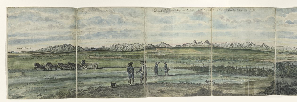 Panorama over Hottentots Holland Kaapsche Bergen fra Kap til Nord strækker sig fra Baay Fals til Tygerberg på tværs. 1787 (titel på objekt) af Jan Brandes
