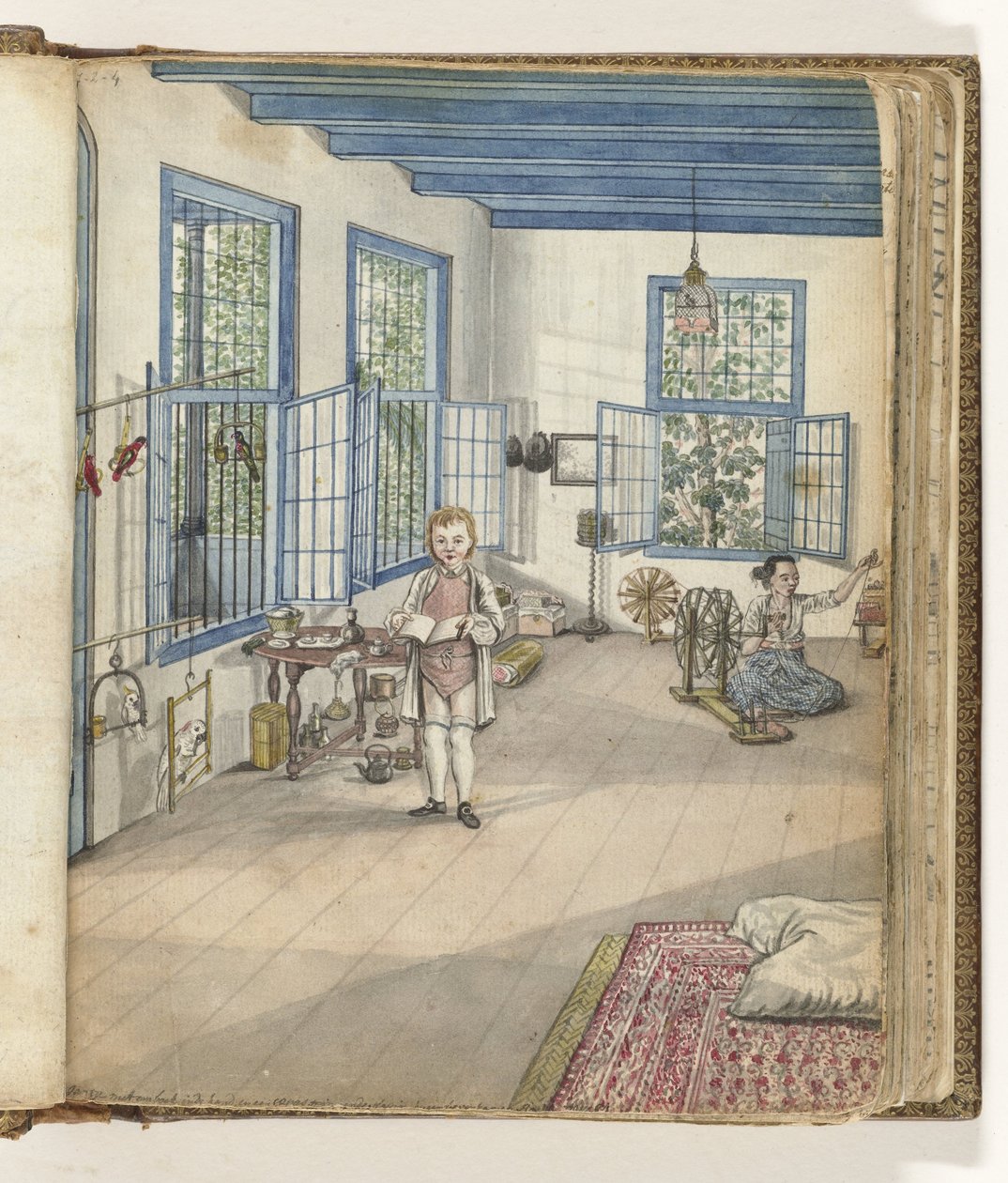 Stue med sønnen Jantje og Flora, en slavekvinde, ved et snurrehjul af Jan Brandes