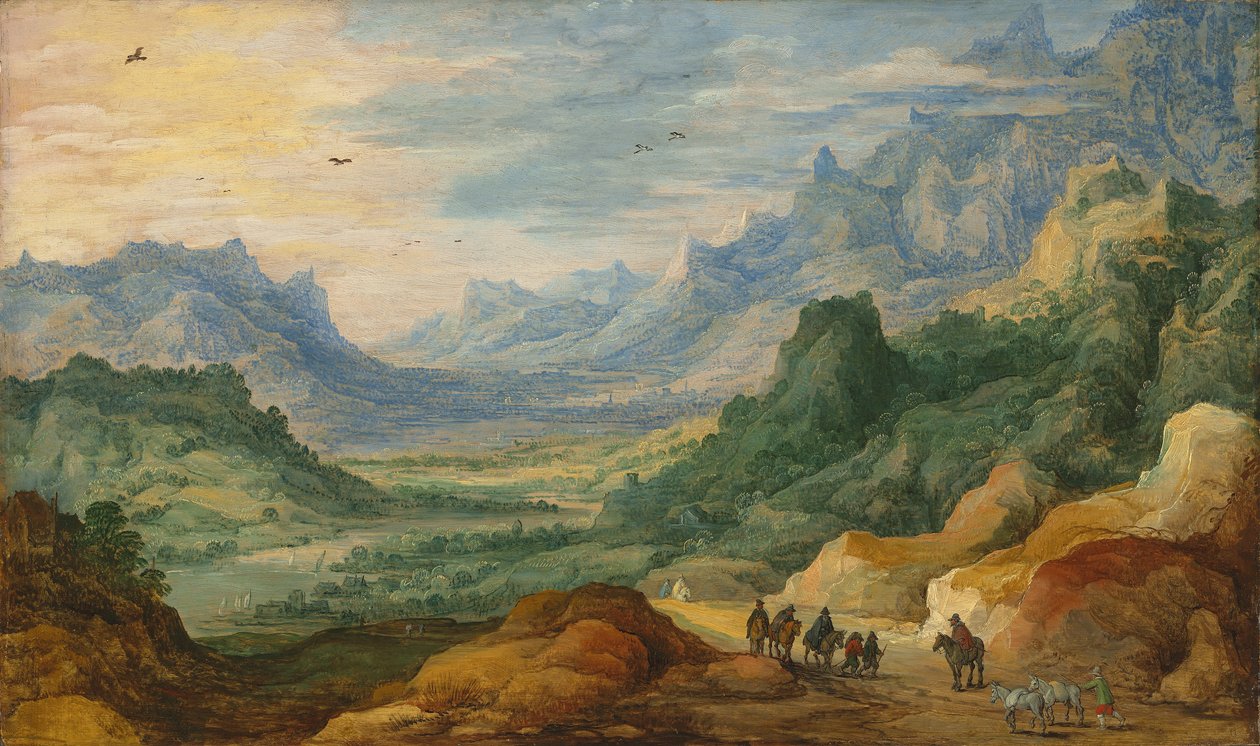 Et bjerglandskab med rejsende og hyrder på en sti af Jan Brueghel the Elder
