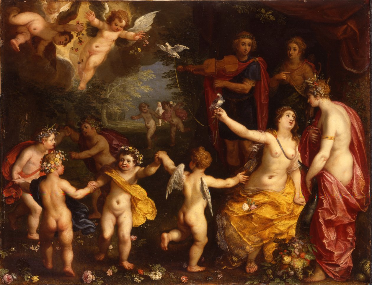 Allegori om kærlighed: Venus holder et par tøjrede duer, med Ceres, Apollo og Diana, omgivet af dansende putti, i et landskab af Jan Brueghel the Elder