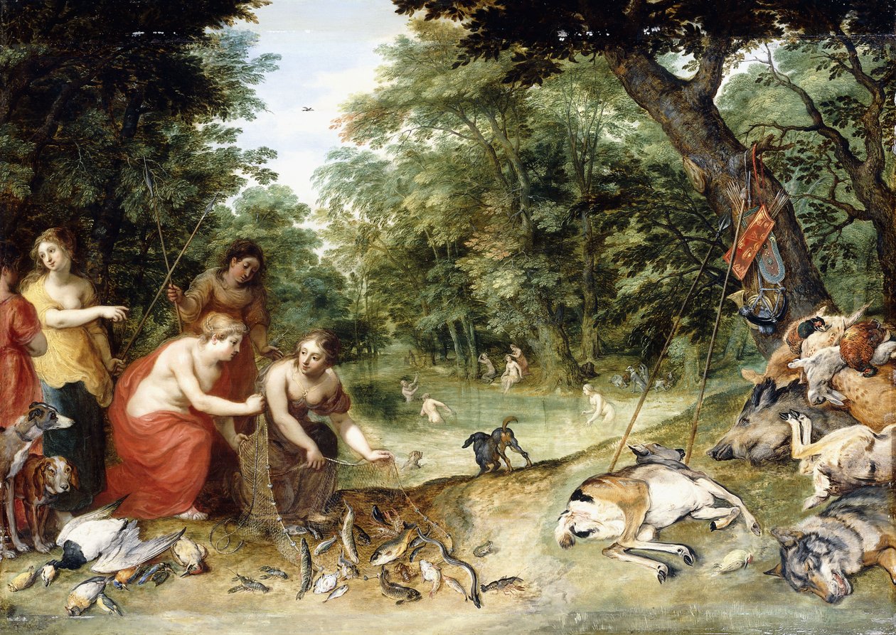 En allegori over elementerne, jord, luft og vand: Nymfer, der bader i en skovklædt glede med jagtens trofæer i nærheden, ca. 1621 af Jan Brueghel the Elder