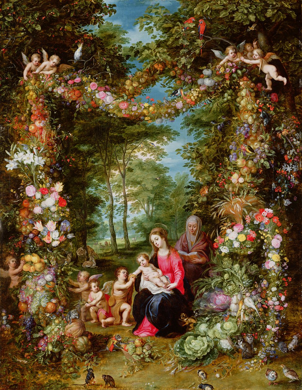 Jomfruen og barnet med spædbarnet Sankt Johannes Døberen, Sankt Anne og engle, omgivet af en krans af blomster og frugt af Jan Brueghel the Elder