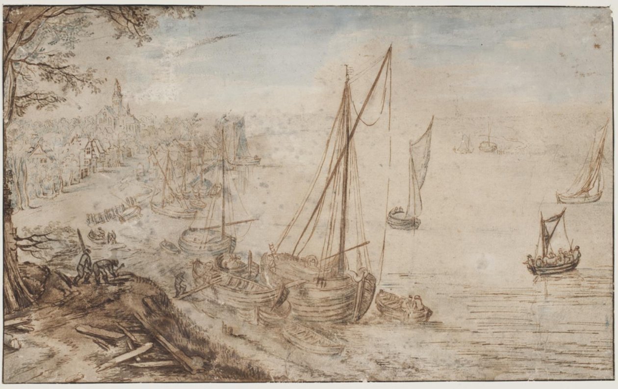 Flodlandskab. I forgrunden en båd, der lastes, og mænd, som tilskærer planker af Jan Brueghel d.Æ.