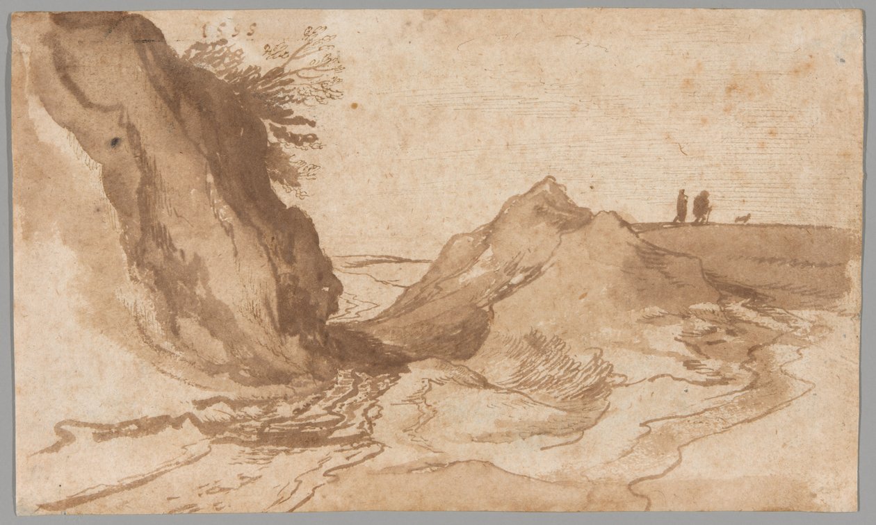 Et bakket landskab med figurer nær en slugt af Jan Brueghel the Elder