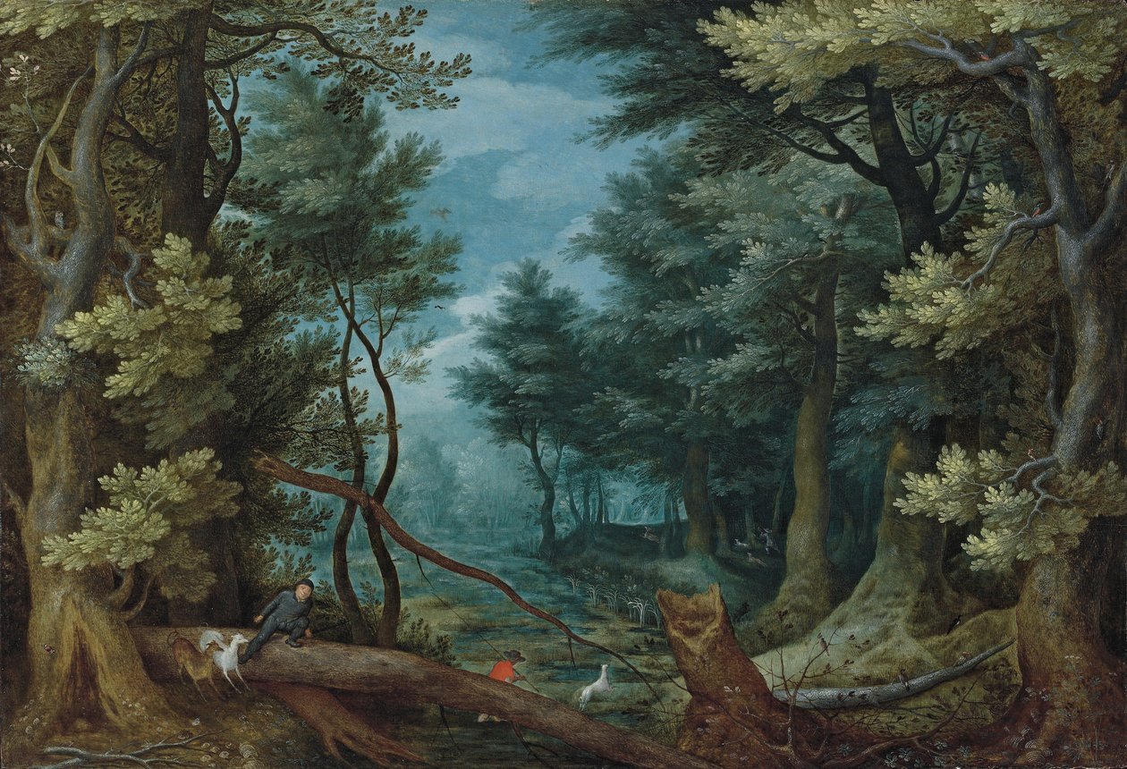 Et skovlandskab med jægere, der jagter en kronhjort af Jan Brueghel the Elder
