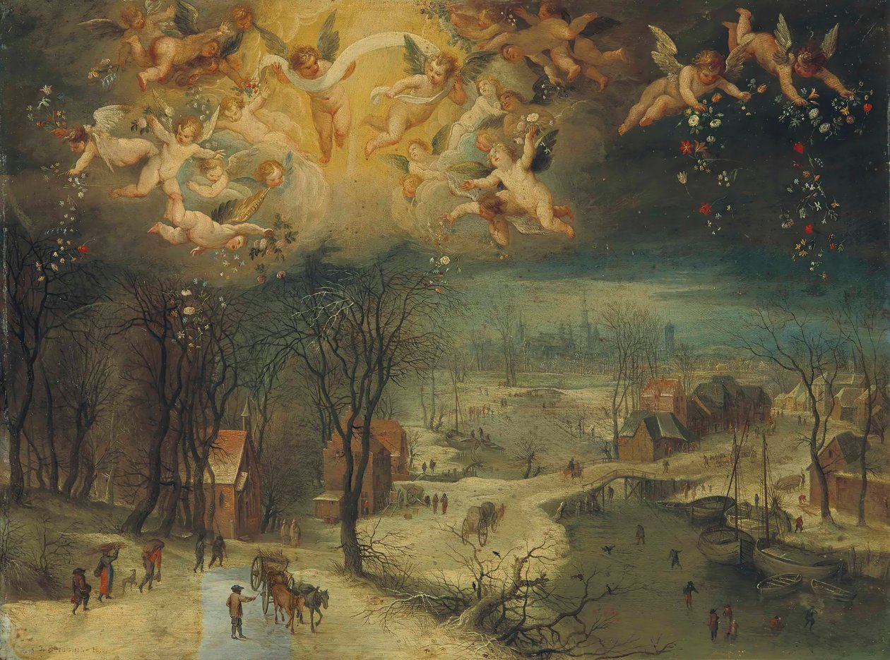 Et vinterlandskab med landsbyboere, der samler træ og skatere på en frossen flod..., første tredjedel af 17 af Jan Brueghel the Elder