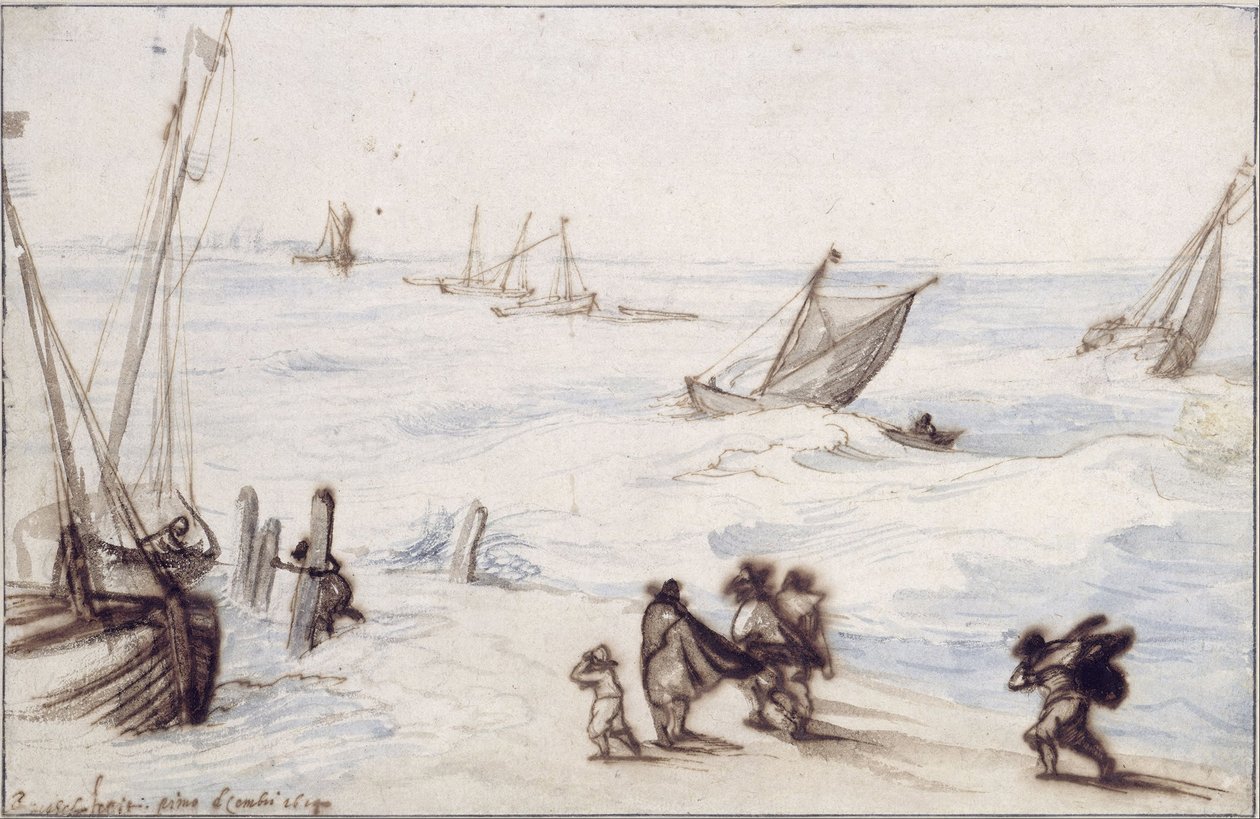 Strand med sejlbåde og stormfuldt hav af Jan Brueghel the Elder