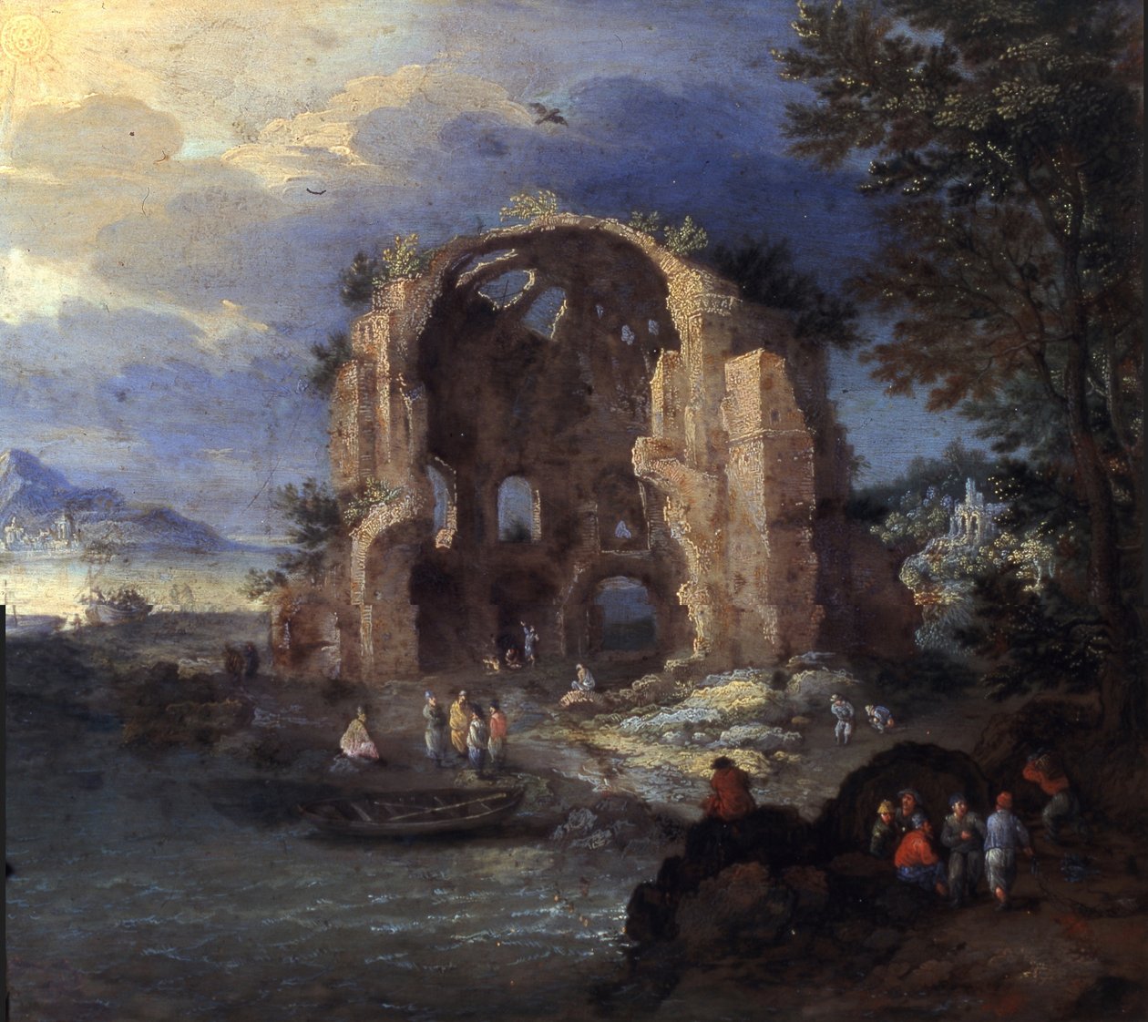 Kystlandskab med fiskere og ruiner af Minerva Medica-templet af Jan Brueghel the Elder