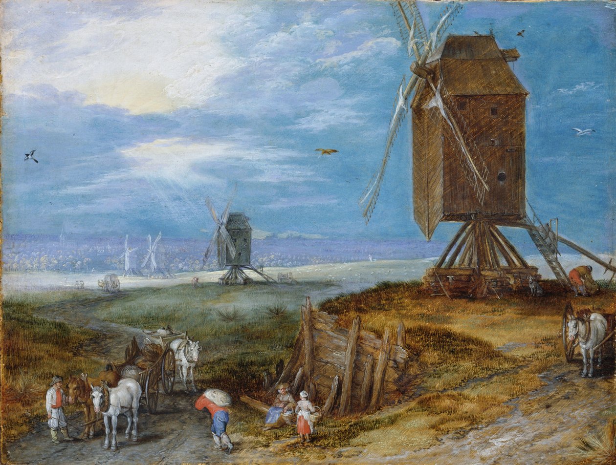 Hollandsk: Omfattende landskab med møller, bønder og vogne i forgrunden Omfattende landskab med møller, bønder og vogne i forgrunden af Jan Brueghel the Elder