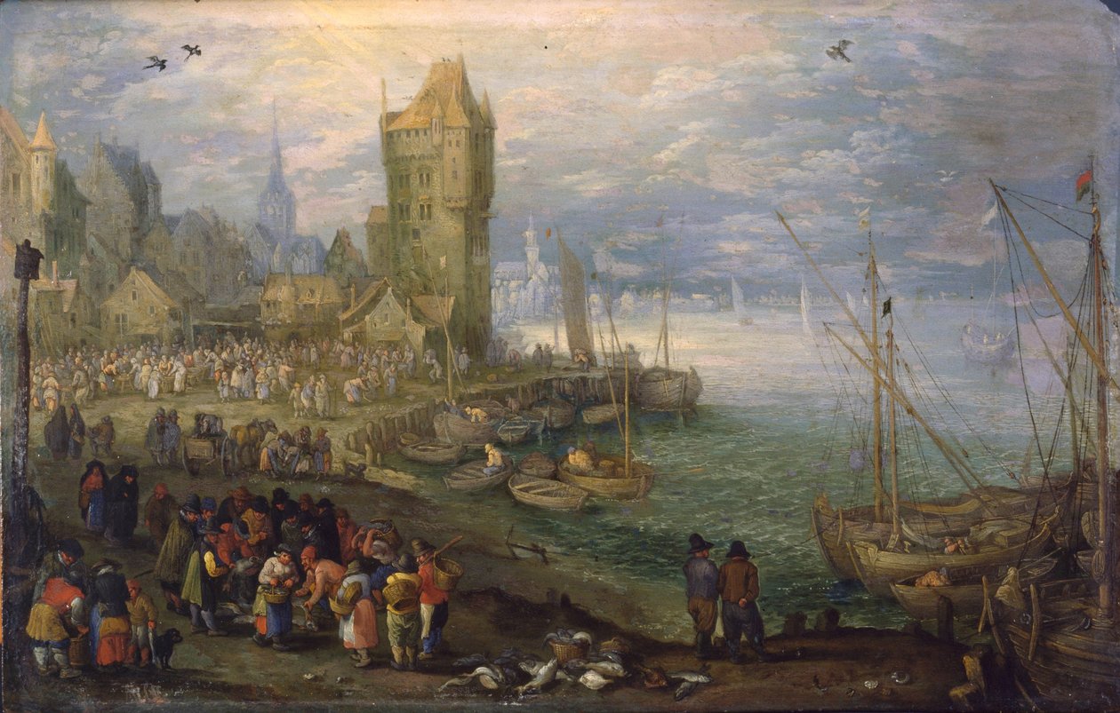 Hollandsk: Fiskemarked i nærheden af en havn Fiskemarked i nærheden af en havn af Jan Brueghel the Elder