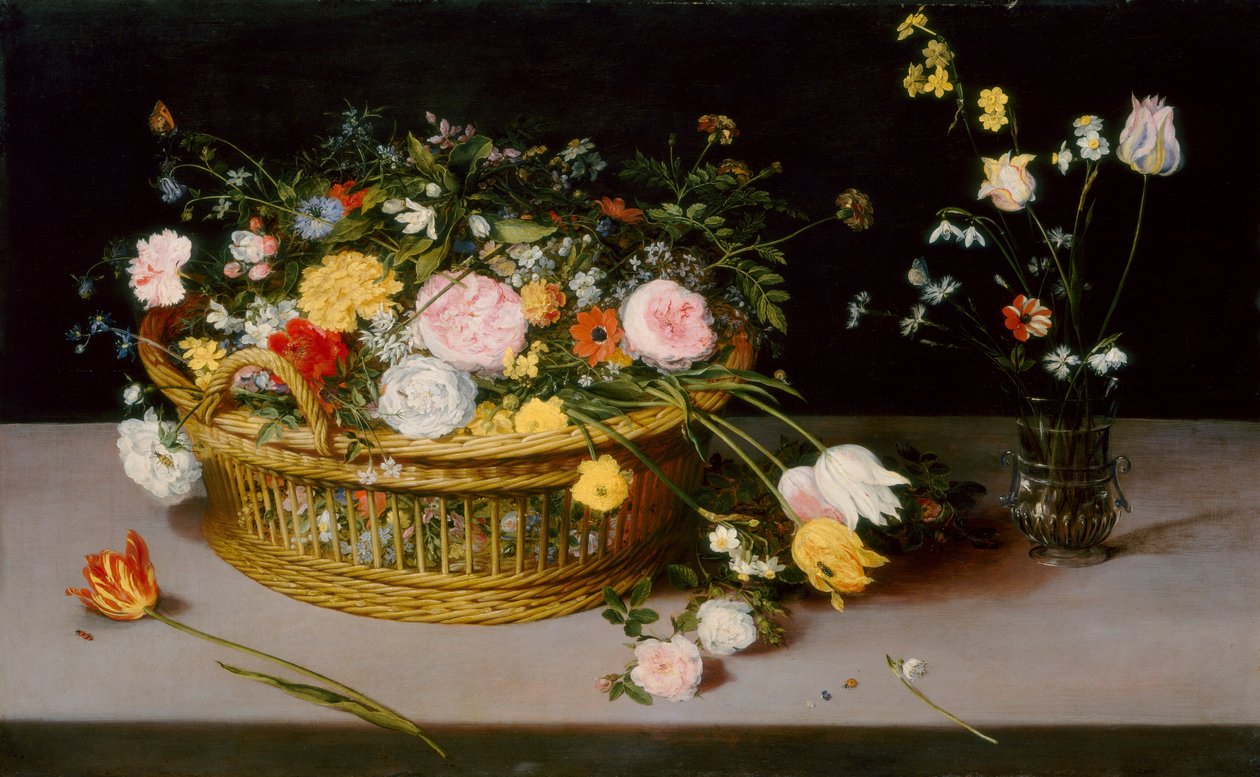 Blomster i en kurv og en vase af Jan Brueghel the Elder