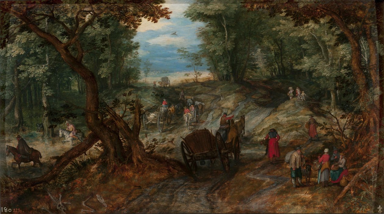Skov med vogne, der krydser et vandløb, og ryttere af Jan Brueghel the Elder