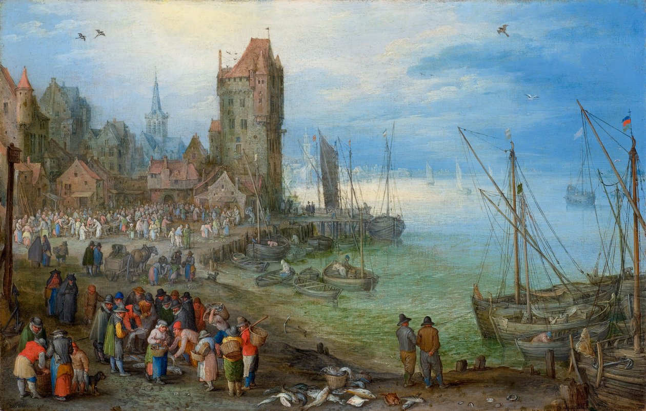 Havnescene med fiskemarked af Jan Brueghel the Elder