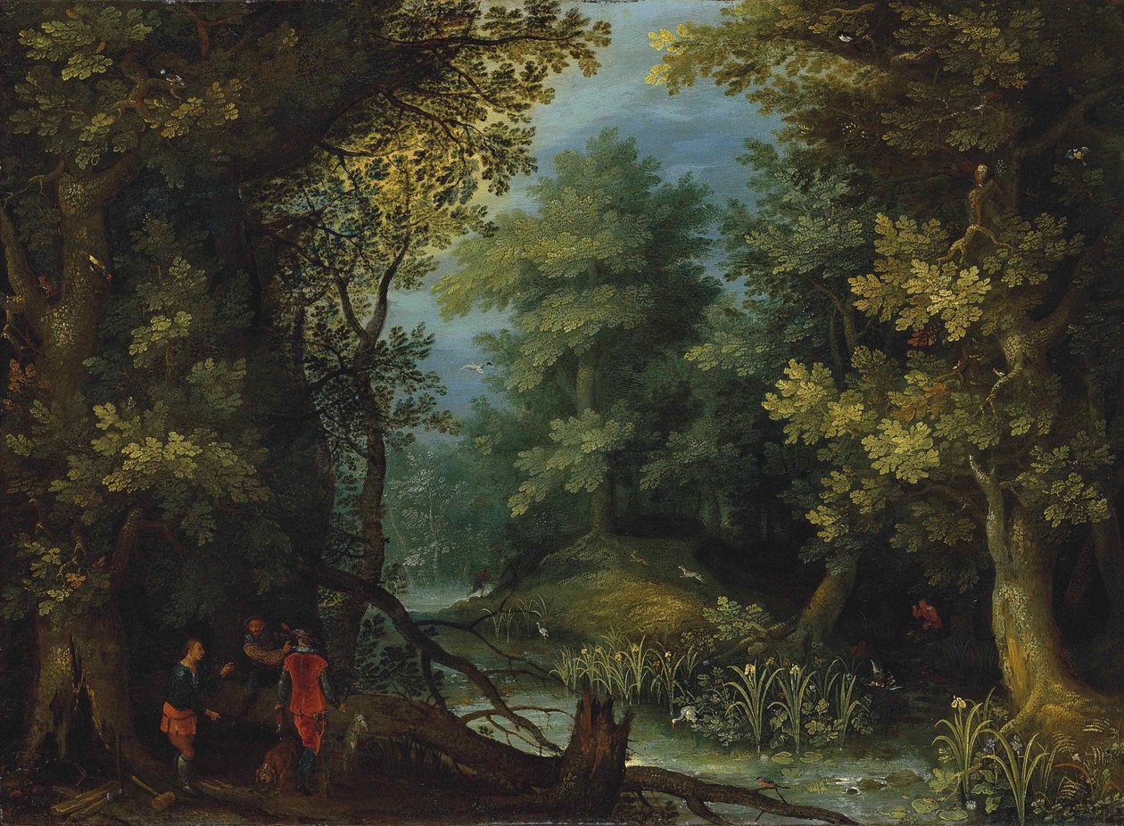 Jægere med hunde ved et vandløb i et skovlandskab af Jan Brueghel the Elder