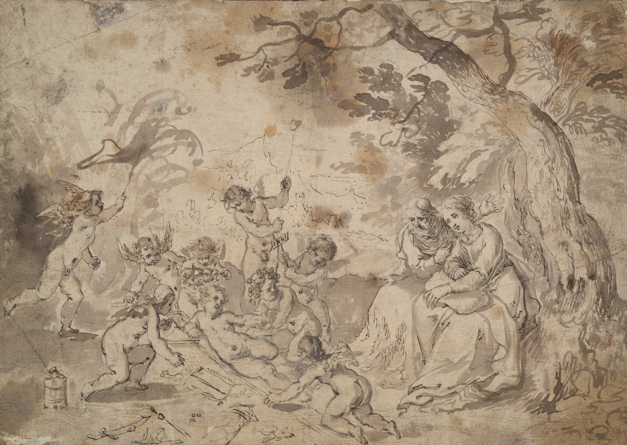 Jomfru Maria og Sankt Josef og Kristusbarnet, Sankt Johannes og engle, der leger med passionens instrumenter af Jan Brueghel the Elder