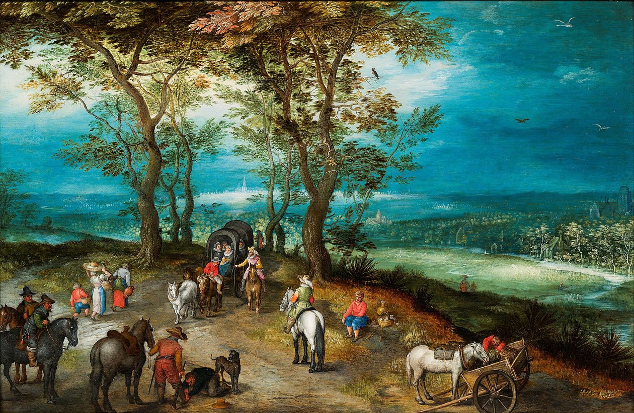 Et stort landskab med hestetrukne vogne og rejsende på en vej af Jan Brueghel the Younger