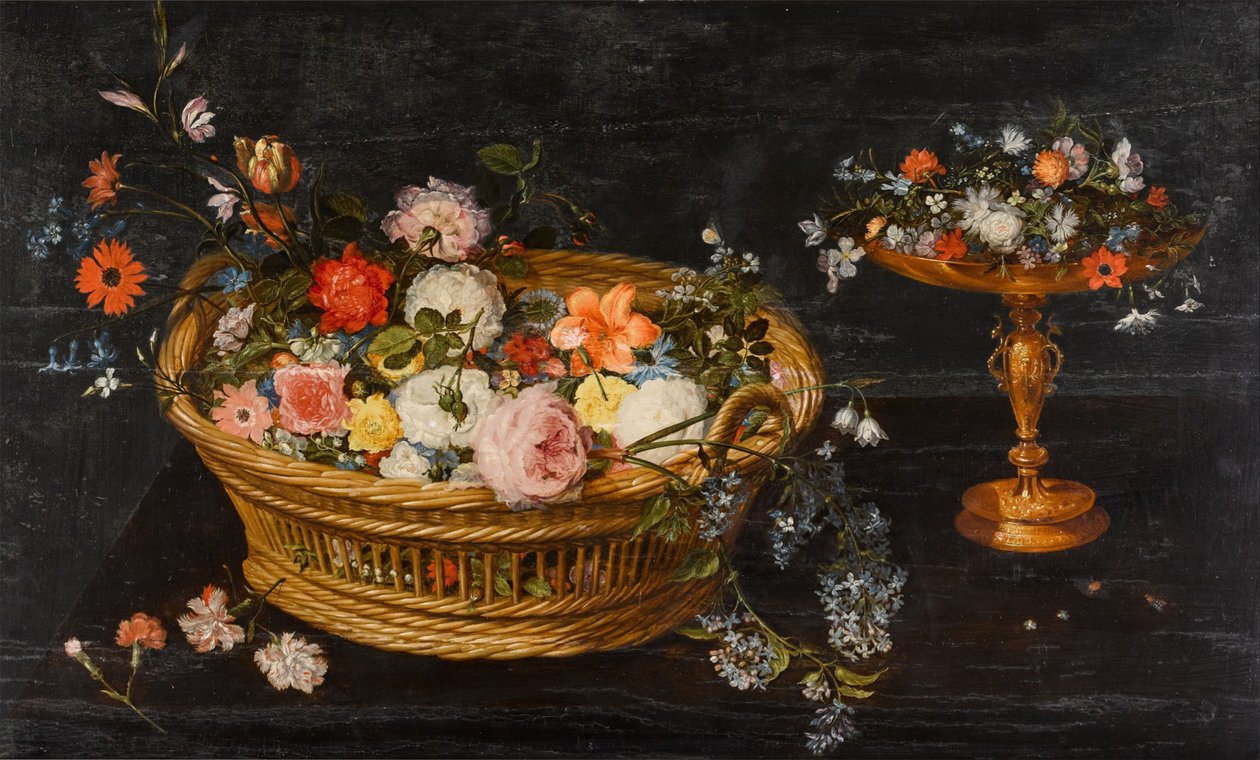 Stilleben med blomster i en kurv og i en forgyldt tazza af Jan Brueghel the Younger